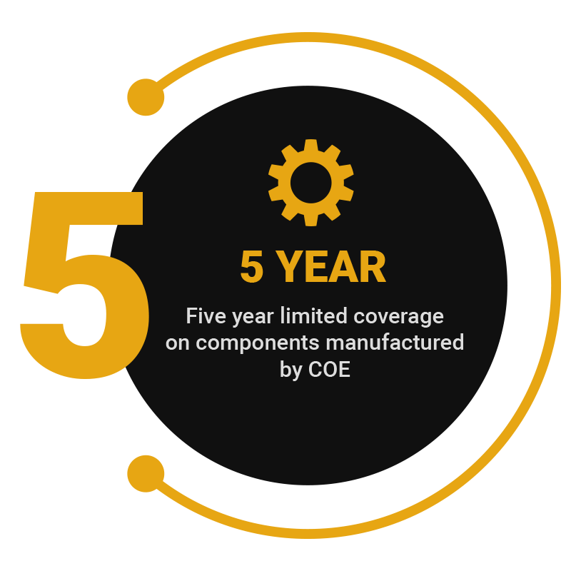 5 YEAR Five year limited coverage on components manufactured by COE