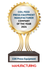 Gold award trophy presented to COE Press Equipment, named Coil Feed Press Equipment Manufacturer Company of the Year 2024 by Manufacturing Outlook. The trophy has a gear-shaped top with blue and black text, supported by a sleek black base, with Manufacturing Outlook’s logo in red and white at the bottom.