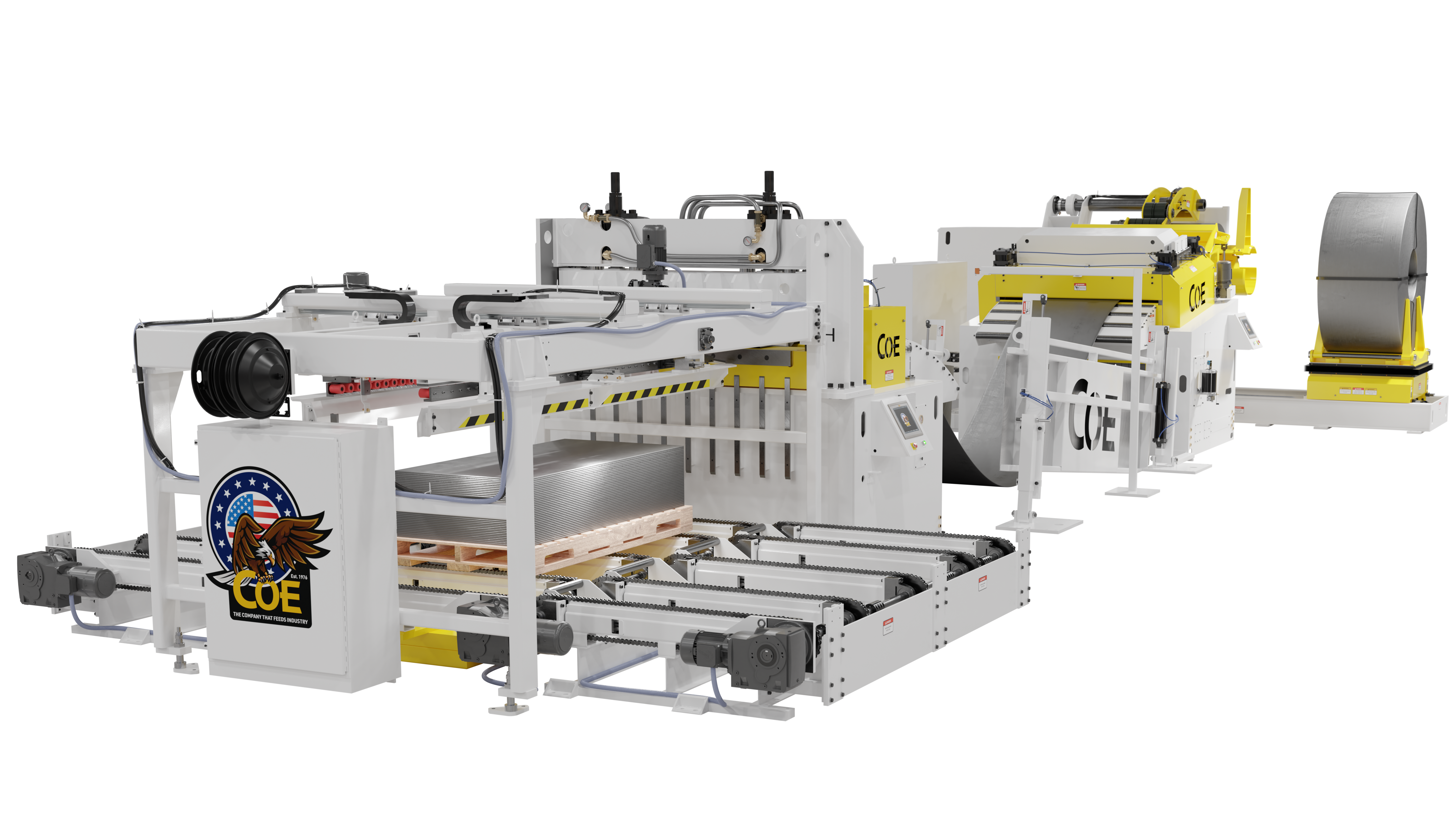 High-resolution image of a COE Press Equipment Cut-to-Length (CTL) Line in white and yellow. The system includes a decoiler, straightener, feeder, and a stacker designed for precise material handling and processing. The COE logo and eagle emblem are displayed on the control unit. This advanced coil processing line is engineered for high-efficiency operations, ensuring accurate feeding, cutting, and stacking of metal sheets for manufacturing applications.