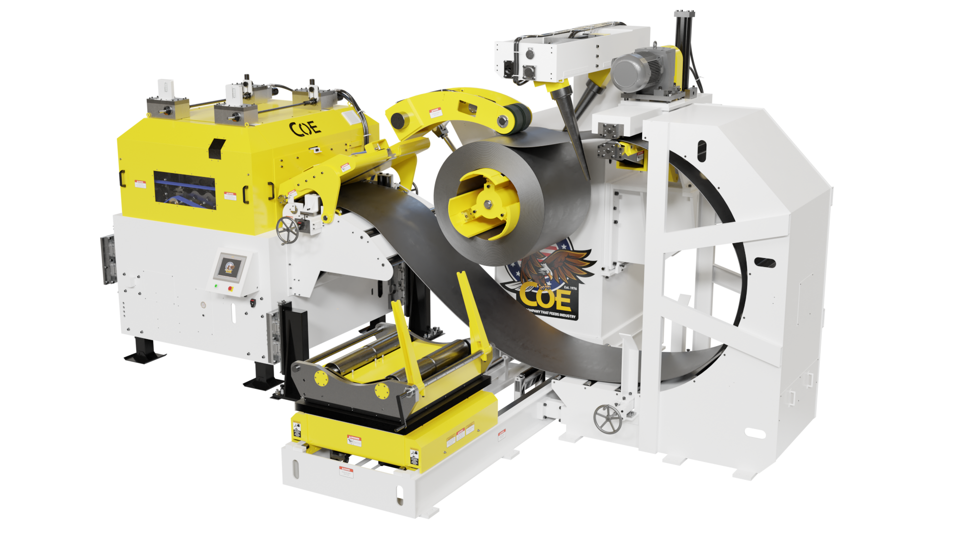 High-resolution image of the COE Press Equipment SPACE​Master Series 4, a compact coil processing system in white and yellow. The machine integrates a coil reel, straightener, and feeder, designed for efficient material handling in space-constrained manufacturing environments. The COE eagle emblem is prominently displayed on the decoiler. This system is engineered for precision feeding and straightening of metal coils, optimizing production efficiency in industries such as automotive and metal fabrication.