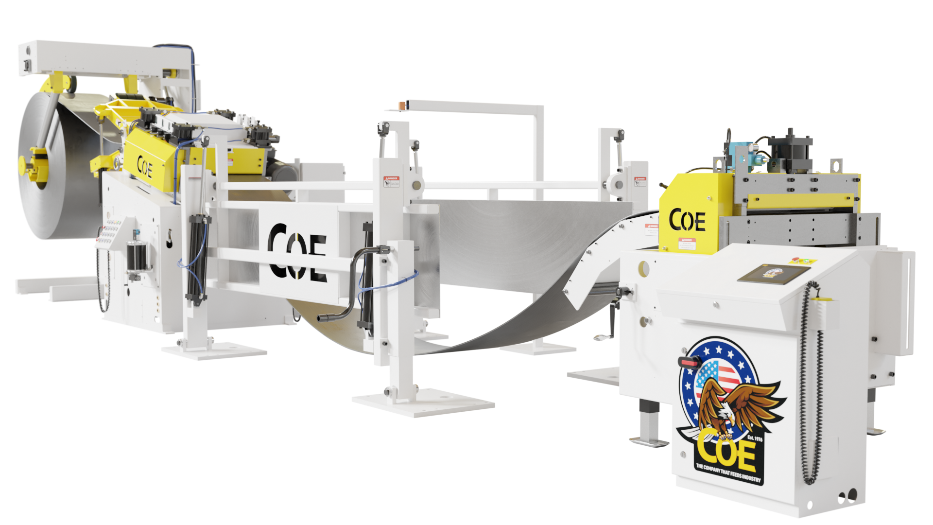 High-resolution image of a COE Press Equipment conventional coil processing line in white and yellow. The system includes a decoiler, straightener, and feeder, with a metal coil being processed. The COE logo and eagle emblem are prominently displayed on the control unit. The machine is designed for precision handling and feeding of metal coils in manufacturing applications.